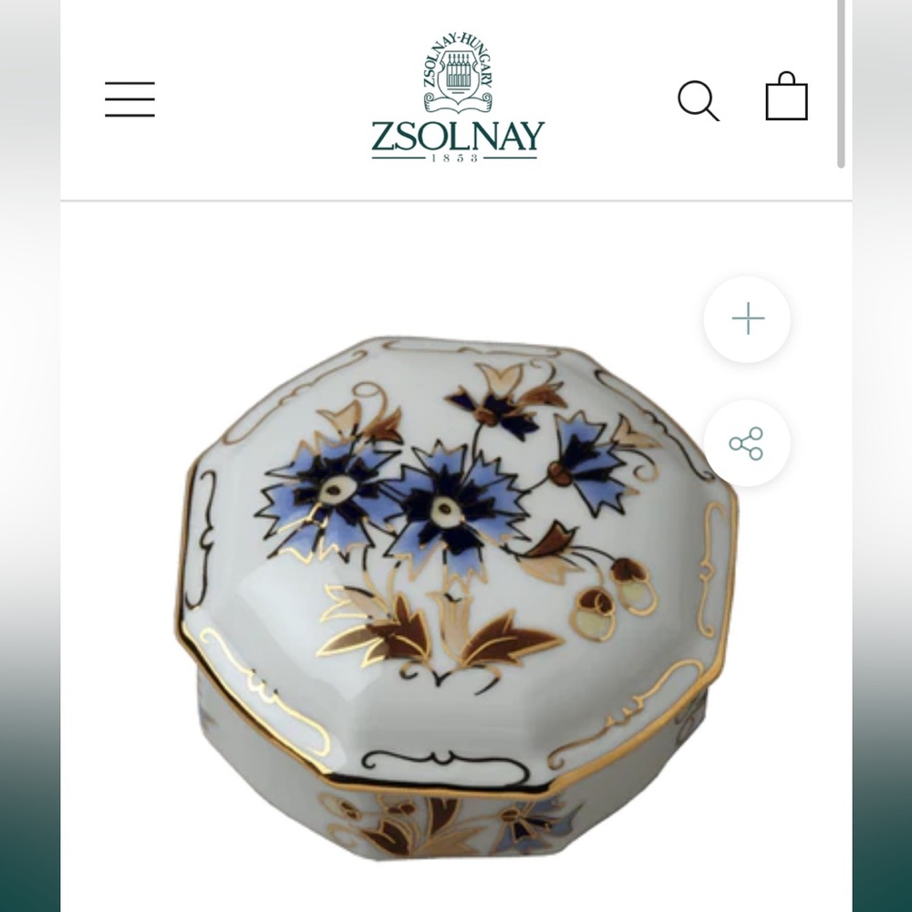 ZSOLNAY Hand painted Porcelain Cornflower Octagon Gold Trim Bonbonniere Trinket - Picture 7 of 7